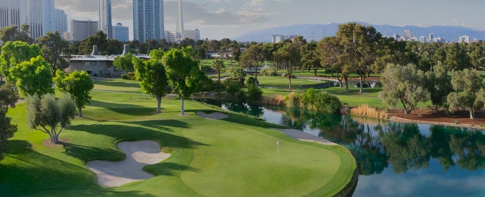 Las Vegas Country Club Estates fairway with mature canopy trees and the Las Vegas skyline in the distance